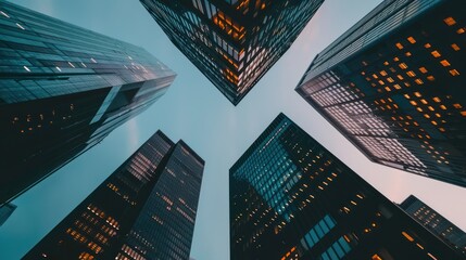 Wall Mural - an upward perspective captures towering skyscrapers converging towards a dusky sky, creating a sense