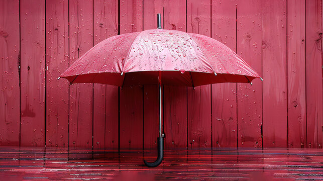   Red umbrella sits atop wooden floor, in front of red wall, water droplets present