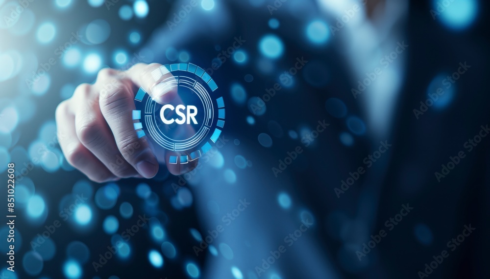 Businessman touching digital screen with CSR icon on virtual background ...
