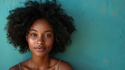 Wall Mural -   Close-up of a person with an Afro hairstyle wearing a tank top against a blue wall