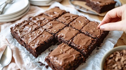 Wall Mural -   A person close-up with a chocolate-frosted cake on parchment paper