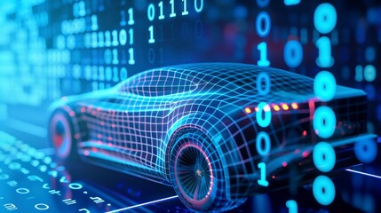 Digital car with a blue data code background, technology concept of electric vehicle, binary numbers, futuristic clean tech