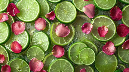 Wall Mural -   A table adorned with limes and their slices, featuring water droplets and pink flowers