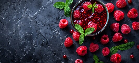 Wall Mural - raspberry jam marmalade with fresh raspberries and mint. Organic raspberries. Red berry. banner, menu, place for text, top view