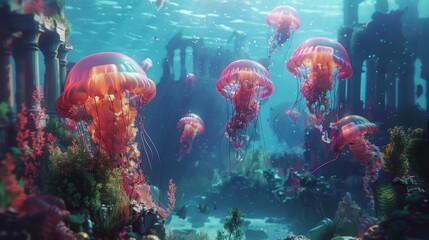 Wall Mural - Surreal underwater scene with jellyfish coral reefs and sunken ruins