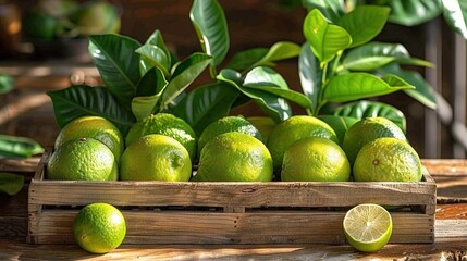 Wall Mural -   A wooden table sits next to green leaves with a crate full of limes atop it