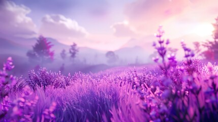 Wall Mural - A tranquil scene showcasing a vast field of lavender with a soft-focus background featuring mountains and a sunset sky