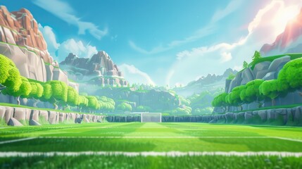 An idyllic, brightly colored animated landscape showing a soccer field with mountains and trees in the background