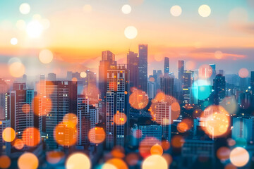 Wall Mural - Blurred cityscape background with bokeh effect, blurred urban landscape with defocused skyscrapers in sunset, blurred city lights and blurred urban architecture, blurred city view