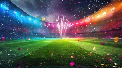 Wall Mural - A stadium is filled with bright fireworks and colorful confetti, celebrating a significant event on a grand scale