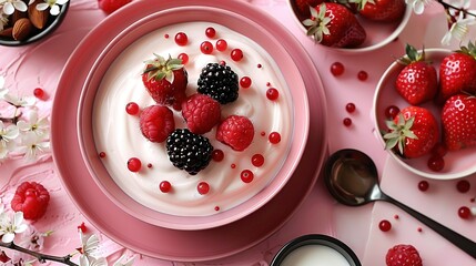 Wall Mural -   A bowl of yogurt topped with raspberries and blackberries and a bowl of almonds on the side