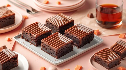   A plate of brownies sits on a table next to a cup of tea and a pile of carrots