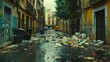 © Pekr - poetic surreal illustration of a street in an ordinary neighborhood full of trash