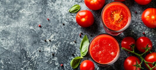 Wall Mural - Tomato juice in a glass and fresh tomatoes. organic healthy products. Detox and clean diet concept. place for text, top view. 