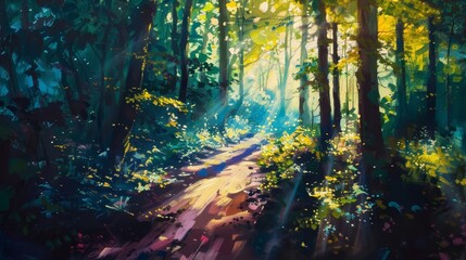 Wall Mural - Abstract forest scene with sunlit foliage and dappled shadows