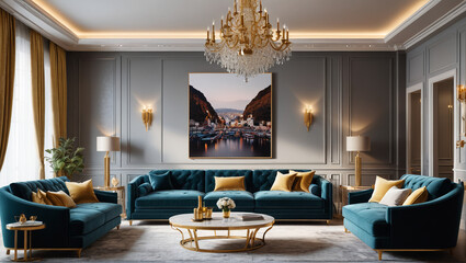 Wall Mural - Luxurious living room with velvet sofas and gold accents, epitomizing Hollywood glamour and opulence, Generative AI