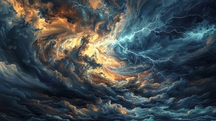 Wall Mural - Turbulent sky with dark clouds and lightning in an abstract thunderstorm