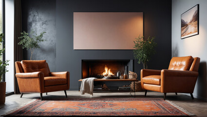 Wall Mural - A tranquil lounge with leather armchairs and a wool rug, offering comfort and rustic charm, Generative AI