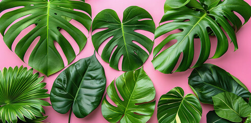 Wall Mural -   Green leaves on pink background with green plant on left side