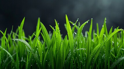 Green grass on meadow with drops of water dew, morning freshness on dark background