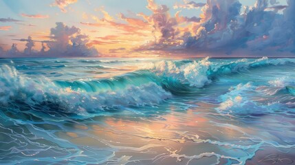 Wall Mural - Waves of azure blue on sandy shores with a colorful sunset sky