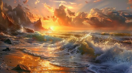 Wall Mural - Surreal seascape with golden waves and jagged cliffs at dawn