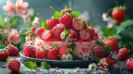 Wall Mural -   A plate with a close-up of a cake adorned with strawberries and daisies on its side