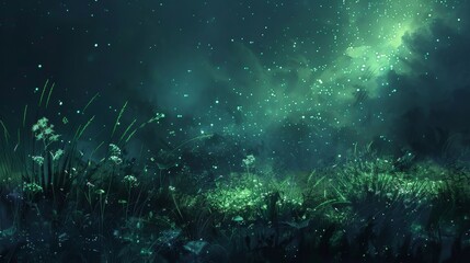Wall Mural - eerie green glow of bioluminescent plants under dark starry sky