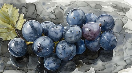 Wall Mural -   A watercolor depiction of a cluster of grapes set against a gray-black backdrop with a prominent yellow leaf