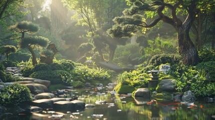 Canvas Print - tranquil koi ponds and bonsai trees in a serene japanese garden