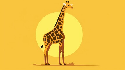 Poster -   A giraffe in front of a yellow backdrop with the sun behind it and a bird in the foreground