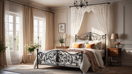 Sticker - A tranquil bedroom featuring a wrought iron bed and lace curtains, blending romance with simplicity, Generative AI