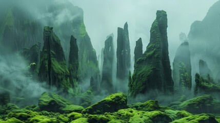 Towering rock formations cloaked in green moss misty surreal scene