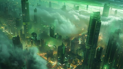 Wall Mural - Eerie green glow over futuristic city with towering skyscrapers