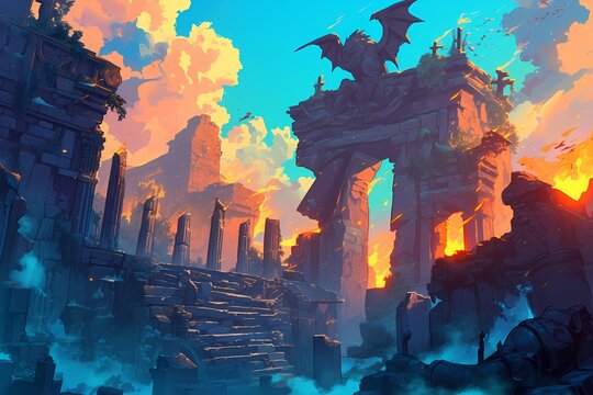 Burning entrance to scary dungeon ruins with monsters. Mysterious temple gate. Fantasy landscape.  Cartoon illustration for game background, poster, banner, card