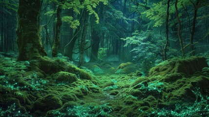 Wall Mural - Green glow from bioluminescent flora in mystical forest glade
