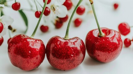 Wall Mural -   A trio of cherries sits atop a white table alongside a bouquet of flowers