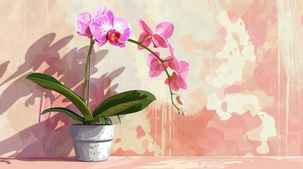 Poster -  A painting of a pink orchid in a white pot against a pink-beige backdrop, with a wall shadow behind