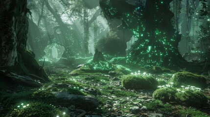 Wall Mural - Bioluminescent mushrooms cast green light in mystical grove