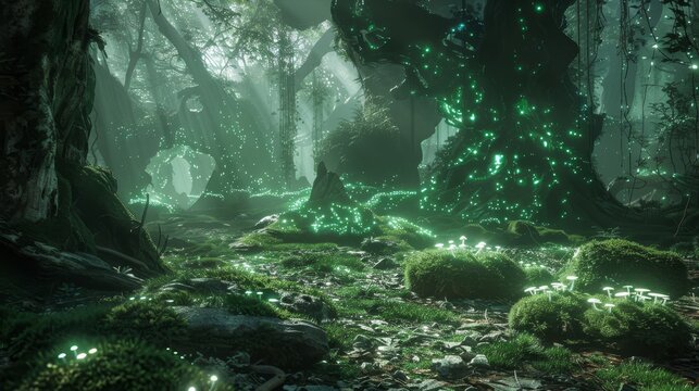 Bioluminescent mushrooms cast green light in mystical grove