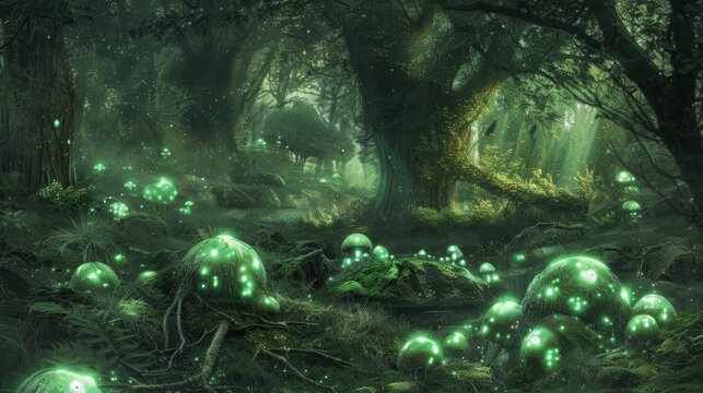 grove with glowing mushrooms casting eerie shadows