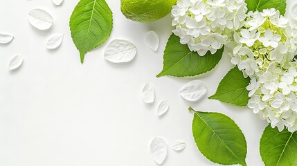 Wall Mural -   A white-background bouquet featuring white flowers with green leaves and droplets of water on their petals
