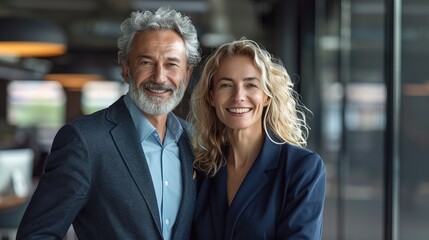 Wall Mural - Happy confident professional mature business man and business woman corporate leaders managers standing in office, two diverse colleagues executives team posing together, portrait 