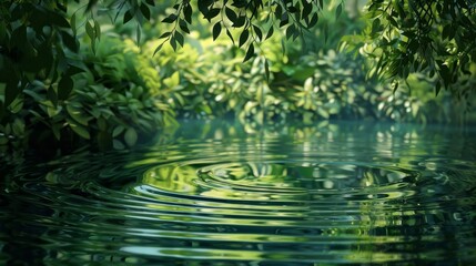 Sticker - Ripples distort reflection of lush greenery in tranquil pond
