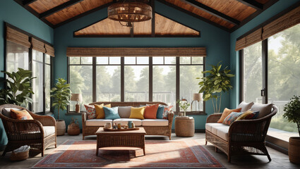 Sticker - A relaxing sunroom with wicker furniture and countrystyle decor, offering a bright and rustic escape, Generative AI