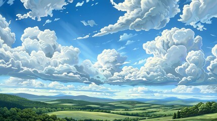 Wall Mural - Soft clouds and rolling hills framed by vibrant green scenery