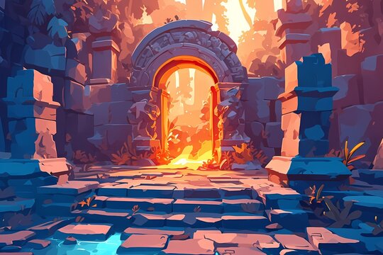 burning entrance to scary dungeon ruins with monsters. mysterious temple gate. fantasy landscape. ca