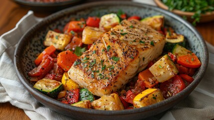 Wall Mural -  A close-up photo of a bowl containing meat and vegetables, placed on a table with a napkin nearby (20 tokens