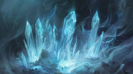 Wall Mural - Ethereal mist around icy blue crystals mystical atmosphere