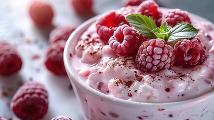 Canvas Print -   A close-up of a bowl of yogurt with raspberries and mint on a table with other raspberries